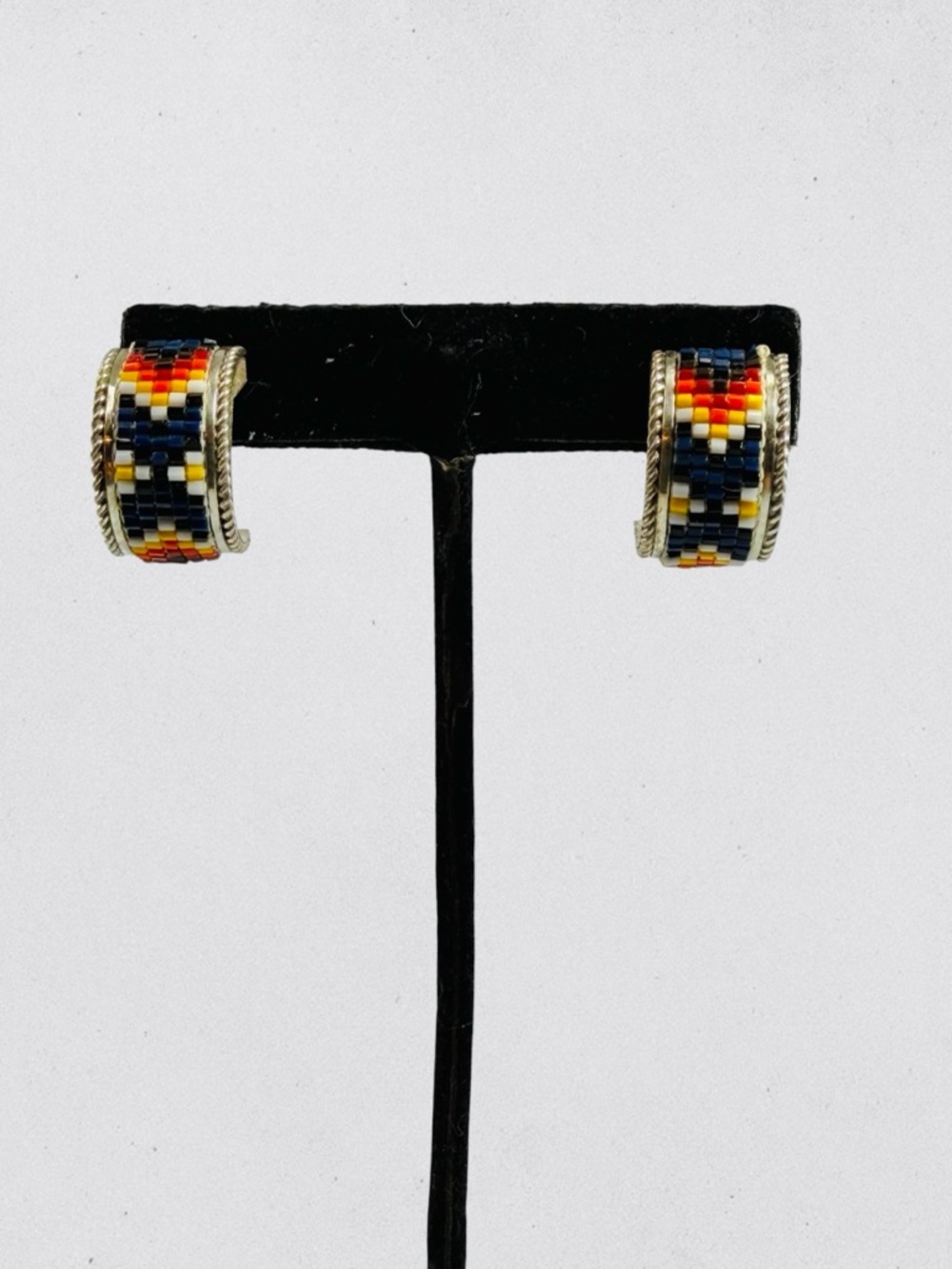 Sterling Silver Navajo Beaded Handmade Half Hoop Earrings Southwestern